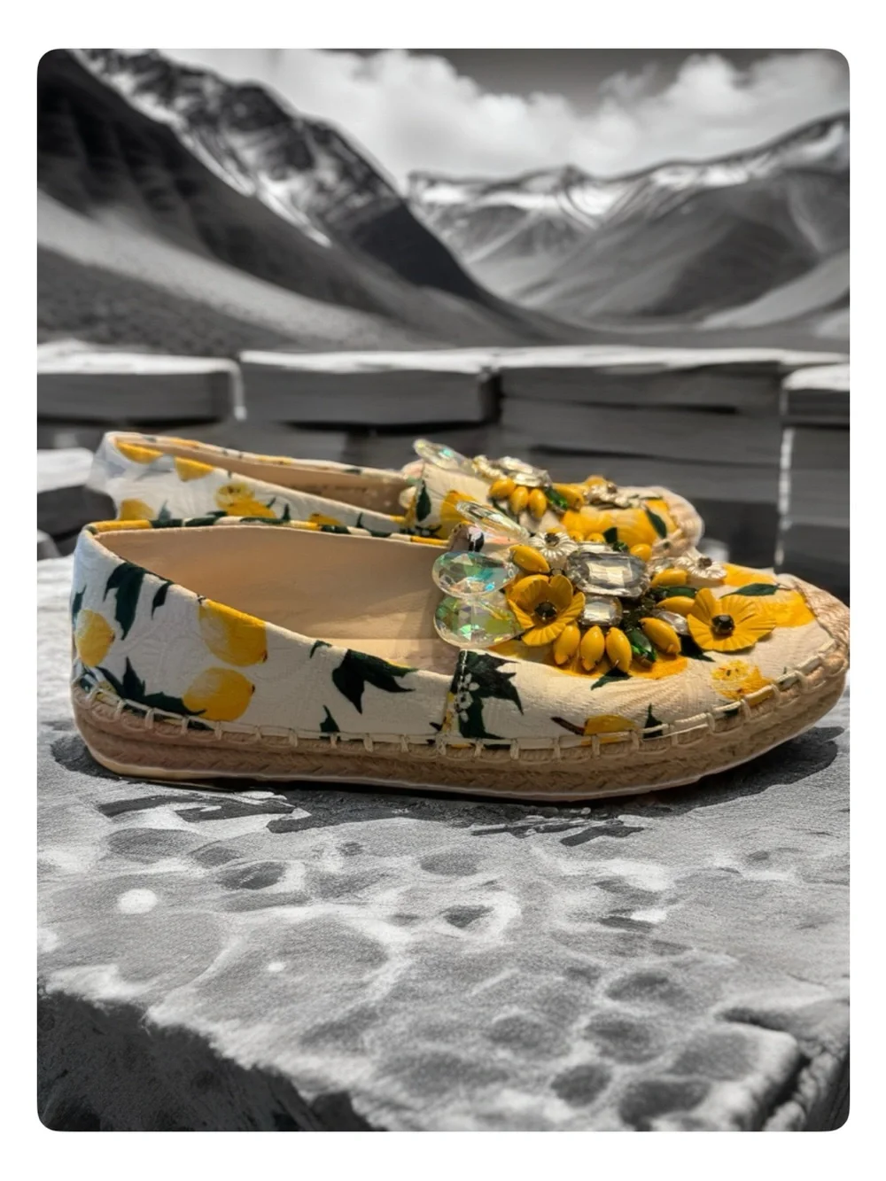 Chinese Laundry Yellow Floral Jeweled Slip-On Espadrilles